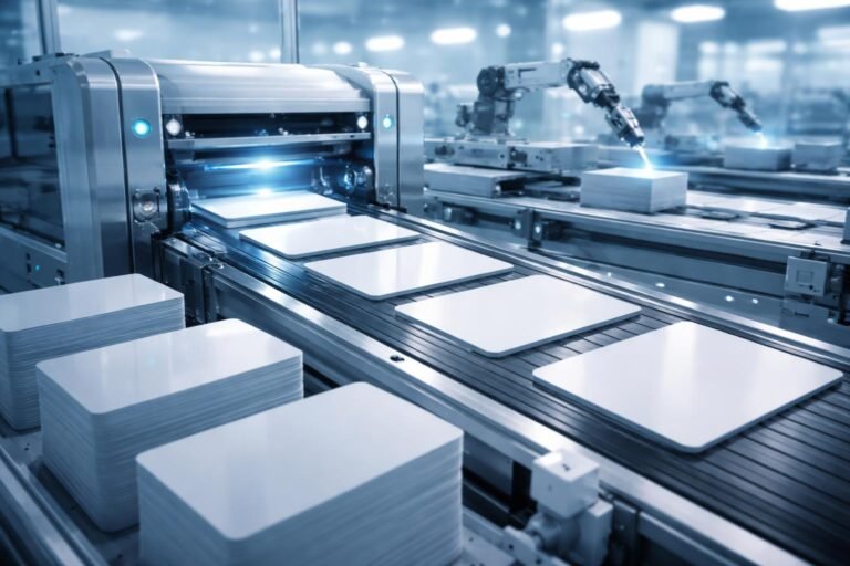 Gyártósoron dolgozó szakemberek plasztikkártyákat készítenek modern technológiával és minőségellenőrzéssel, biztonsági rétegekkel.
