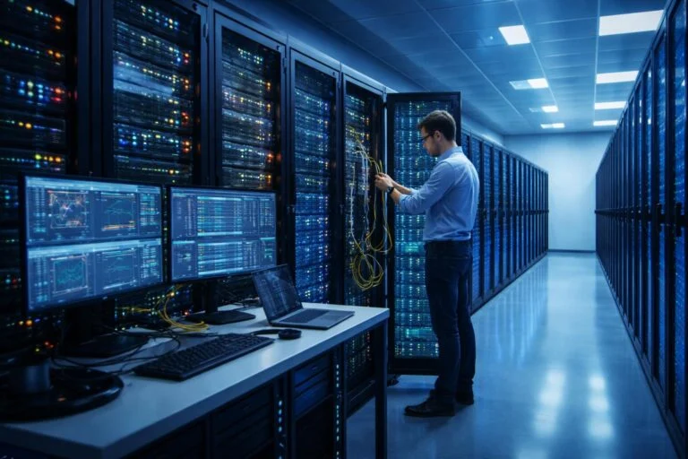 IT-szaki mérnök figyeli a szerverek állapotát és karbantartási feladatokat végrehajtva a szerverteremben.