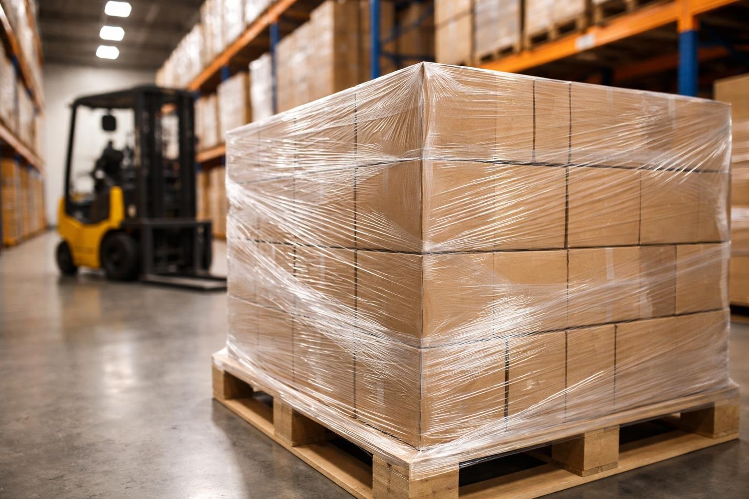 Sztreccsfólia által stabilan összetartott raklapok, könnyebb mozgatás és védett csomagok.